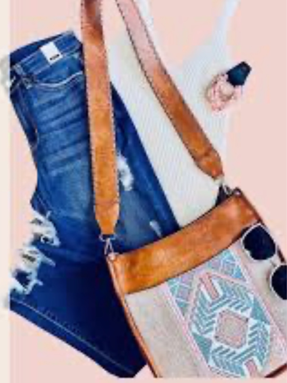 ShopEvelynne Tan Brown Crossbody with Turquoise & Pink Embroidery